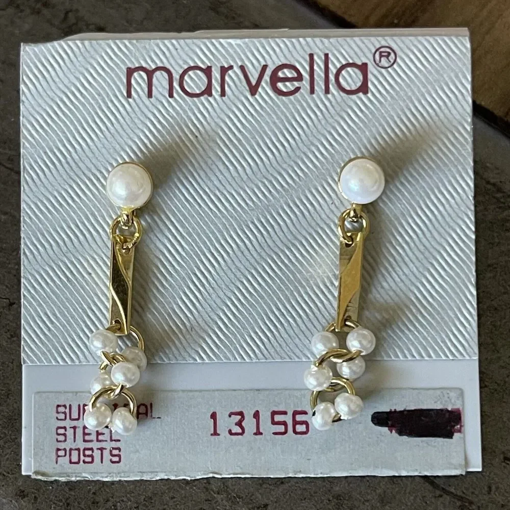 Vintage Marvella Faux Pearl Dangle Drop Chandelier Style Pierced Earrings NOS